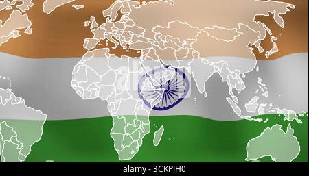 Zeigt die digitale Weltkarte vor safranweißgrünem Hintergrund mit blauem Ashoka Chakra Emblem Stockfoto