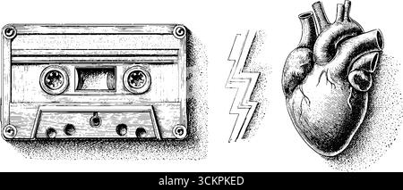 Nostalgisches Retro-Kassettenband und Vintage-Comic-Art mit anatomischer Herzillustration. Stock Vektor