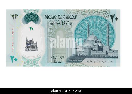 Ägyptische 20-Pfund-Banknote auf weißem Hintergrund Stockfoto