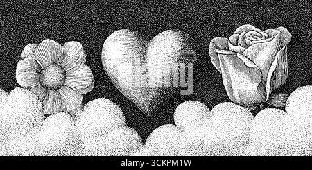 Romantisches Pixel-Kunstmuster mit Herz, Wolken und Blumen für Designprojekte. Stock Vektor