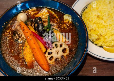 Japanisches Suppen-Curry, eine Spezialität aus Hokkaido, serviert in einer Schüssel mit gegrilltem Gemüse, Fleisch und einer Seite gelben Reises. Stockfoto