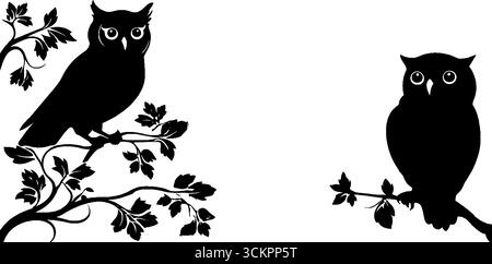 Elegante Eulen-Silhouetten mit ornamentalen Wirbeln und Sternen für Designprojekte. Stock Vektor