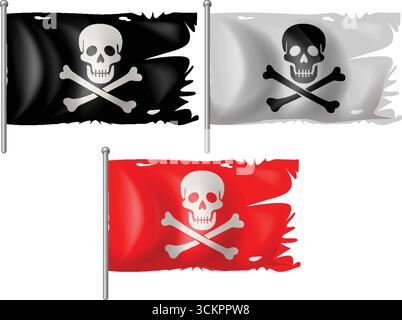 Vektorillustration von schwarzen, weißen und roten Piratenflaggen mit Schädel- und Kreuzknochendesign Stock Vektor