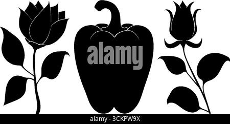 Silhouette Set aus Paprika und Blumen für Design und Dekoration. Stock Vektor