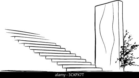 Minimalistisches Line Art Treppenhaus und Pflanzen Illustrationsset für moderne Designprojekte. Stock Vektor