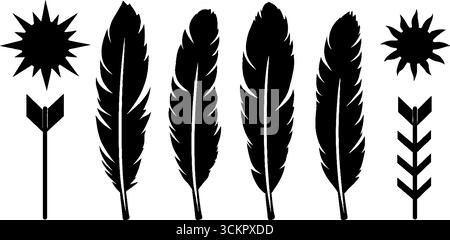 Silhouetten mit Tribal-Pfeil und Feder mit Sonnenelementen für kreatives Design. Stock Vektor