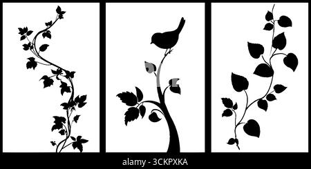 Dekorative Silhouetten von Eulen und Vögeln mit Wirbeln und Sternen. Stock Vektor