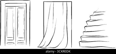 Elegantes Art déco-Line Art-Set mit Tür-, Vorhang- und Treppenelementen für Designprojekte. Stock Vektor