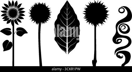 Sonnenblumen- und Blattsilhouetten mit Spiraldesign für naturinspirierte Projekte. Stock Vektor