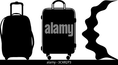 Reise-Ikonen mit Koffer-Silhouetten und Abenteuerkarten-Trail-Design. Stock Vektor