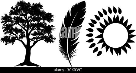 Natursymbole mit Lebensbaum, Rabenfedern und spiralförmigen Runen-Elementen. Stock Vektor