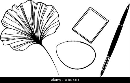 Künstlerische Strichkunst mit Bronzerpalette, Make-up-Pinsel und Blumenelementen für Schönheitsdesigns. Stock Vektor