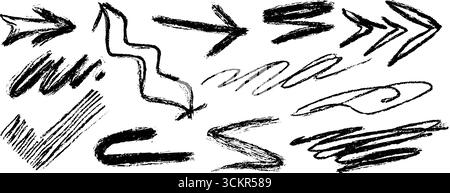Abstrakte Sammlung von zwölf handgezeichneten, verworrenen Pfeilformen für Designprojekte. Stock Vektor