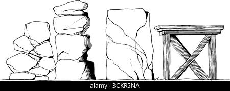 Strichgrafik-Illustrationsset mit perforierten Wandmotiven mit Steinen und Holzstruktur. Stock Vektor