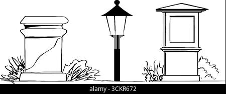 Urban Infrastructure Line Art: Erhöhter Bordstein, Poller und Laterne Design Set. Stock Vektor