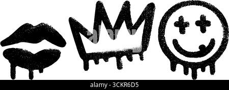 Graffiti-Kunstkonzept für urbanes Design mit Grunge-Lippenstift, Krone und Smiley-Gesicht. Stock Vektor