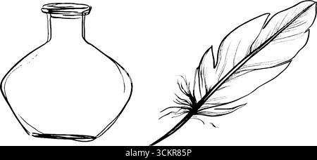 Handgezeichnetes Trinkflasche- und Federset für Apothekerkonzepte und Fantasy-Designs. Stock Vektor