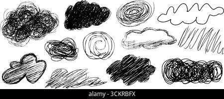 Künstlerische Sammlung von zwölf chaotischen handgezeichneten Wolkenformen für kreatives Design. Stock Vektor