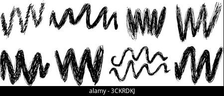 Künstlerische Sammlung von zwölf handgezeichneten verzerrten Wellenmustern für kreatives Design. Stock Vektor