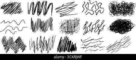 Vielfältige Sammlung von zwölf gekritzelten Noise Patches für kreatives Design und strukturierte Hintergründe. Stock Vektor