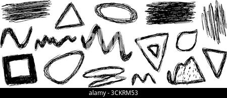 Vielfältige Sammlung von zwölf handgezeichneten abstrakten Formen in Schwarz-weiß für kreative Gestaltungszwecke. Stock Vektor