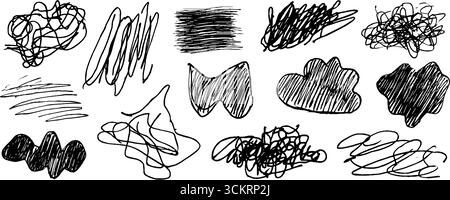 Künstlerische Sammlung von zwölf handgezeichneten chaotischen Clustern für kreative Designprojekte. Stock Vektor