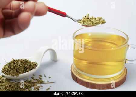 Kräutertee aus getrockneten Blättern von Moringa oleifera, zubereitet mit einem Teelöffel aus Metall und einer Glasschale Stockfoto