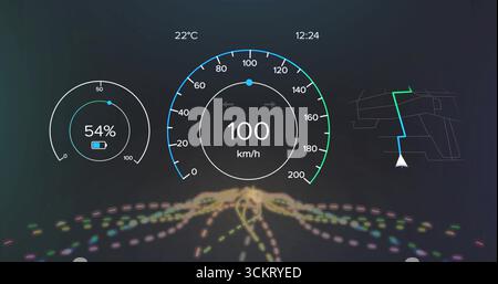 HUD zeigt die Tachometeranzeige 100 km oder h im Fahrerhaus mit Batterieladestand, Temperatur oder Zeit und Routen an Stockfoto