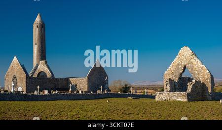 Die Klostersiedlung Kilmacduagh aus dem 7. Jahrhundert bei Gort im County Galway, Irland Stockfoto