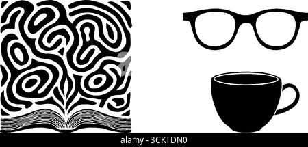 Minimalistisches Set mit Buch, Gläsern und Kaffeetasse für entspanntes Lesen. Stock Vektor