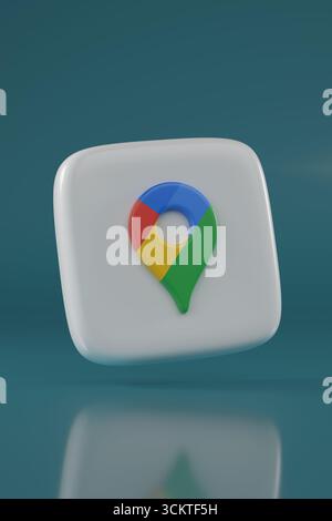 Buenos Aires, Argentinien; 6. September 2025: Dreidimensionales Google Maps-Logo auf blauem Hintergrund. 3D-Abbildung. Stockfoto