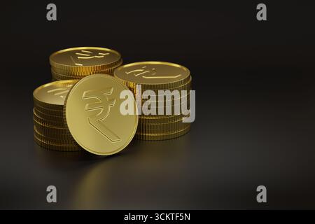 Goldene Münzen mit Rupienschild und Kopierraum. 3D-Abbildung. Stockfoto