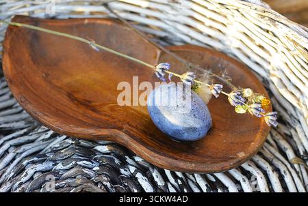 Einzelne Pflaume mit Lavendelblume, rustikale Wandkunst Stockfoto