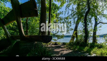 Rustikale Holzbank mit Blick auf den Caputher See See in Caputh, umgeben von grünen Bäumen und der Natur im Sommer in ruhiger Umgebung. Stockfoto