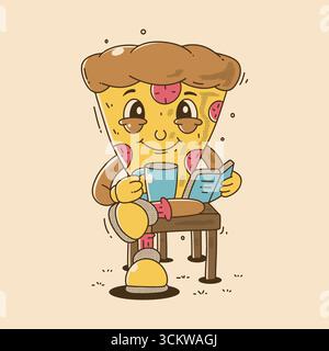 Lustige Pizzascheiben-Figur, die Kaffee und Buch im Retro-Cartoon-Stil genießt Stock Vektor