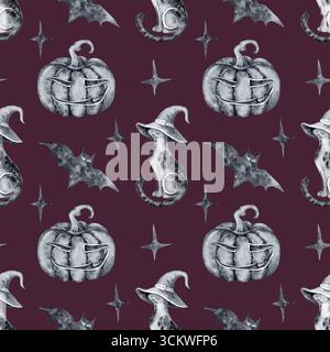 Nahtloses Muster für halloween Aquarell schwarze Katzen in Hexenhüten Fledermäuse Sterne lustige Kürbisse auf einem burgunderroten Hintergrund Hand gezeichnet mit Stockfoto