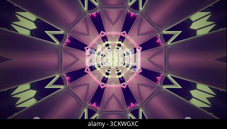 Dieses Kunstwerk zeigt ein komplexes geometrisches Design mit hellen lila und grünen Farben. Das komplizierte Muster bildet eine symmetrische Form und zeichnet t Stockfoto