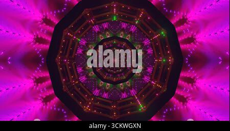 Eine lebendige Auswahl an farbenfrohen Lichtern erzeugt ein faszinierendes geometrisches Muster, das die dunkle Umgebung beleuchtet. Das Display besticht durch seine Komplexität Stockfoto