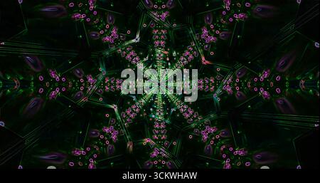 Ein lebendiges, kaleidoskopisches Design zeigt komplizierte Muster in Grün- und Violetttönen. Die geometrischen Formen verschmelzen und erzeugen ein Mesmeriz Stockfoto