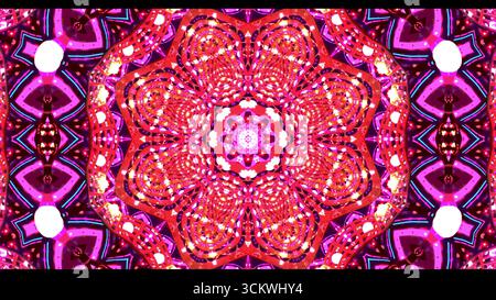 Ein lebendiges Kaleidoskop-Muster zeichnet sich durch komplexe Formen und satte Farben aus. Dieses symmetrische Design zeigt schwindelerregende Rosa-, Rot- und Violett-farbtöne in cr Stockfoto