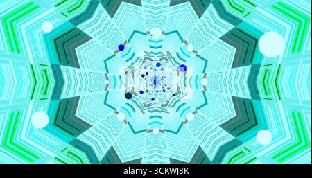 Lebendige geometrische Formen erzeugen ein kompliziertes, spiralförmiges Design mit hellen Farben und Kreisen. Das Kunstwerk zieht die Zuschauer in sein fesselndes VIS Stockfoto