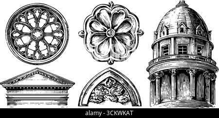 Gotische und Renaissance-Architekturelemente für Design- und Druckprojekte. Stock Vektor
