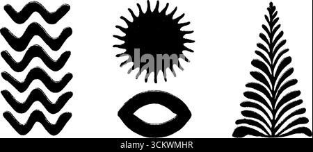 Abstrakte geometrische Formen mit Zickzack, Sonnenschliff, Ellipse und scharfem Dreieck für Design. Stock Vektor