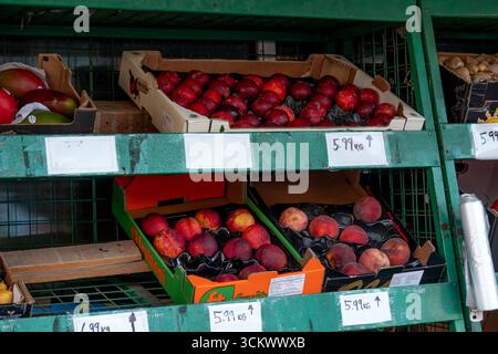 Vor einem Lebensmittelgeschäft in Bishops Stortford, Hertfordshire, Großbritannien, finden Sie frische Früchte wie Pflaumen und Pfirsiche. Stockfoto