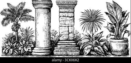 Vintage-Säulenfragmente und tropisches Laub für dekoratives Design und Kunstprojekte. Stock Vektor