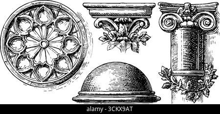 Architektonische Elemente der Gotik und der Renaissance: Rosenfenster und dekorative Säulen. Stock Vektor