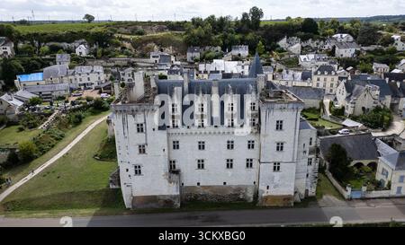 Blick aus der Vogelperspektive auf das Schloss in Montsoreau, Frankreich, das an der Loire thront, umgeben von üppigem Grün und historischer Architektur. Stockfoto