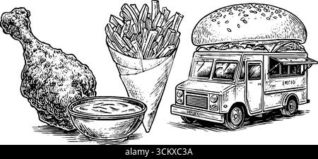 Köstliche Fast Food-Auswahl mit gebratenem Hähnchenkegel, Pommes frites, Burger und Dip-Sauce. Stock Vektor