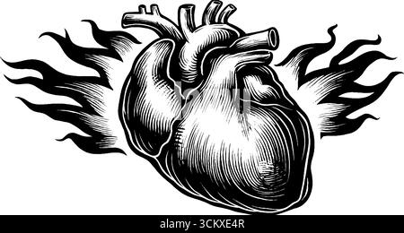 Flammendes Herz-Symbol im schwarz-weißen Holzschnitt-Design. Stock Vektor