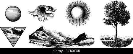 Monoline Emblem und Wellenset mit Natur- und geometrischen Designs für kreative Projekte. Stock Vektor